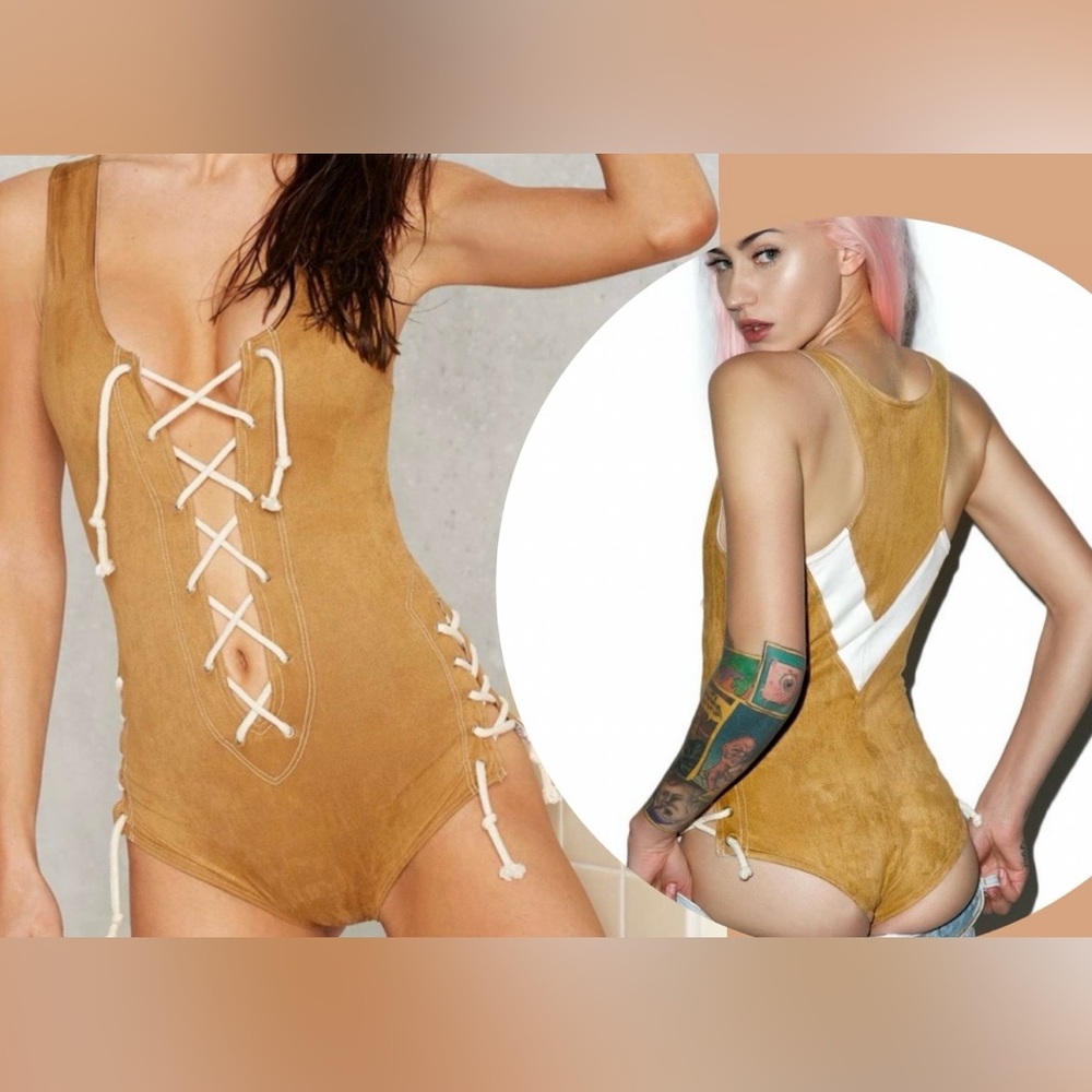 Pacific + & Driftwood Veruschka one piece swimsuit festival leotard suede 70s